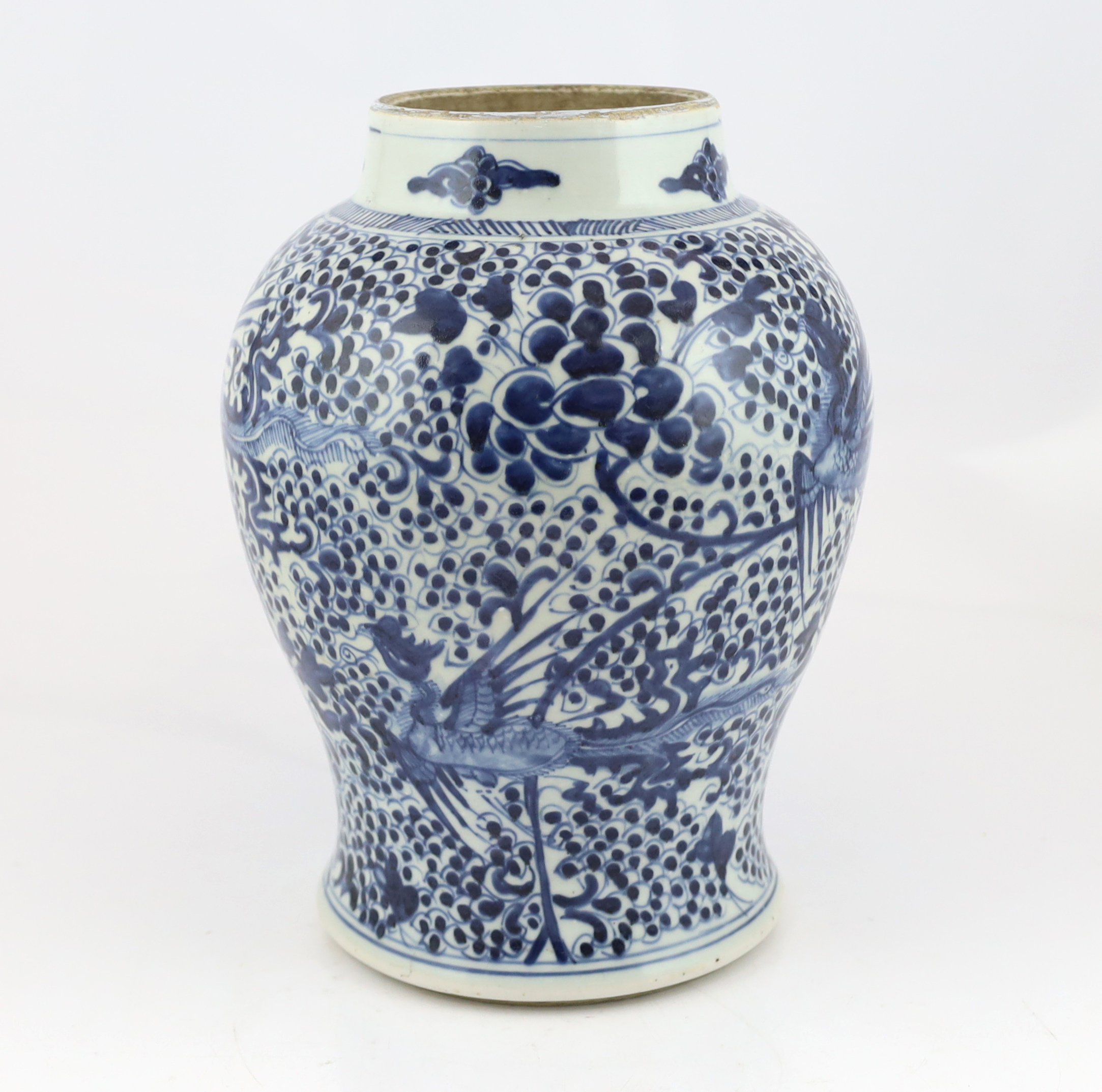 A Chinese blue and white 'Phoenix' baluster vase, Kangxi period, star crack to body